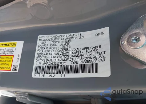 2025 Honda Civic Sedan Sport from USA, damaged, VIN 19XFL2H82SE034376